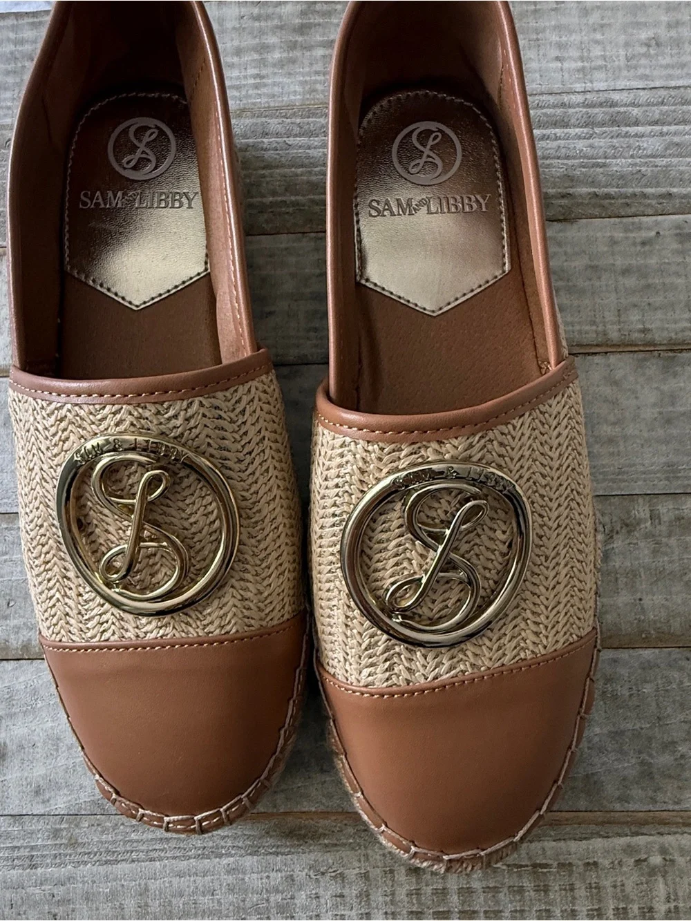 Sam & Libby Tan Raffia and Leather Slip-On Flats with Gold Medallion